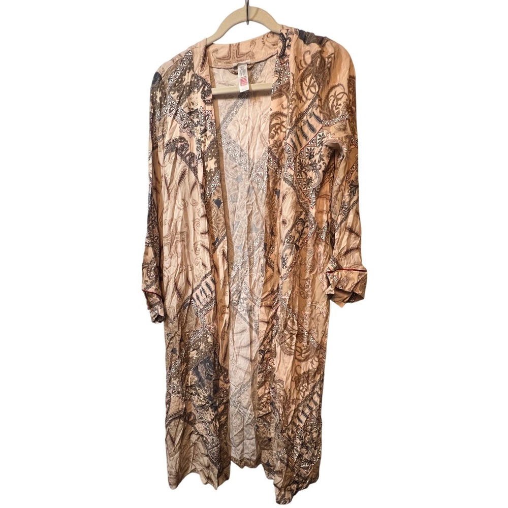 Hanro Womens Cardigan Paisley Patchwork Open Front XS Tan Brown Longline Robe